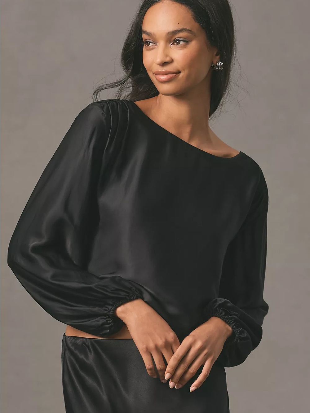 NWT ANTHROPOLOGIE- By Anthropologie Balloon-Sleeve Silky Blouse Black Size L